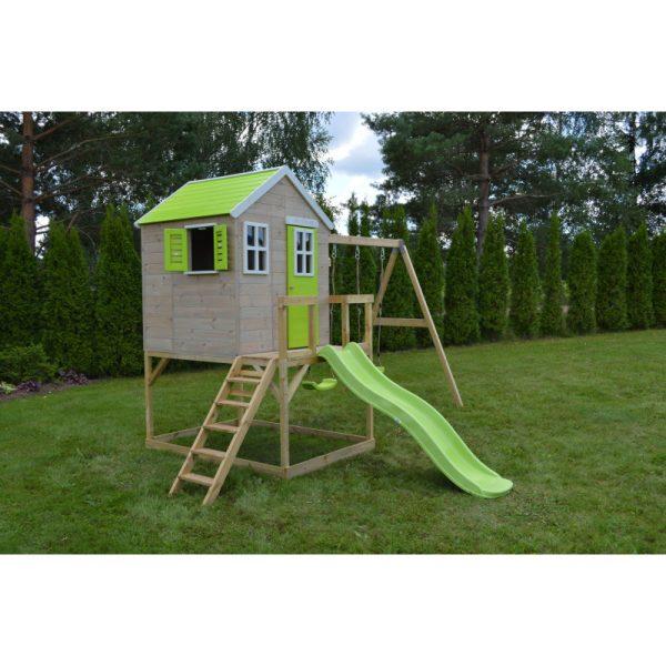 Căsuță de gradină Lime Lodge cu platformă, tobogan și leagăn dublu (M28L), Wendi Toys - imagine 3