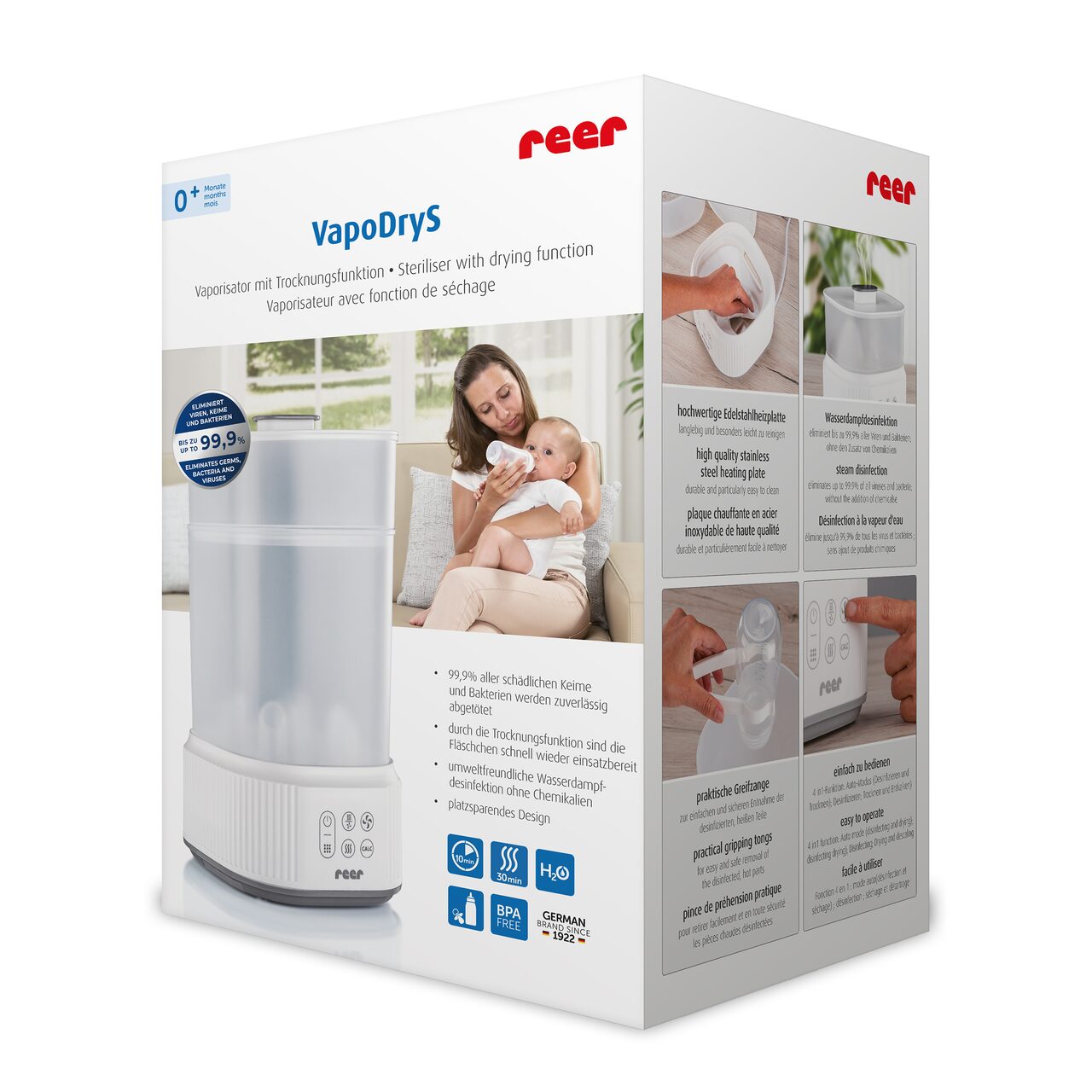 Sterilizator cu aburi si functie de uscare pentru biberoane, detartrare automata, 5 biberoane, Reer VapoDryS 36130