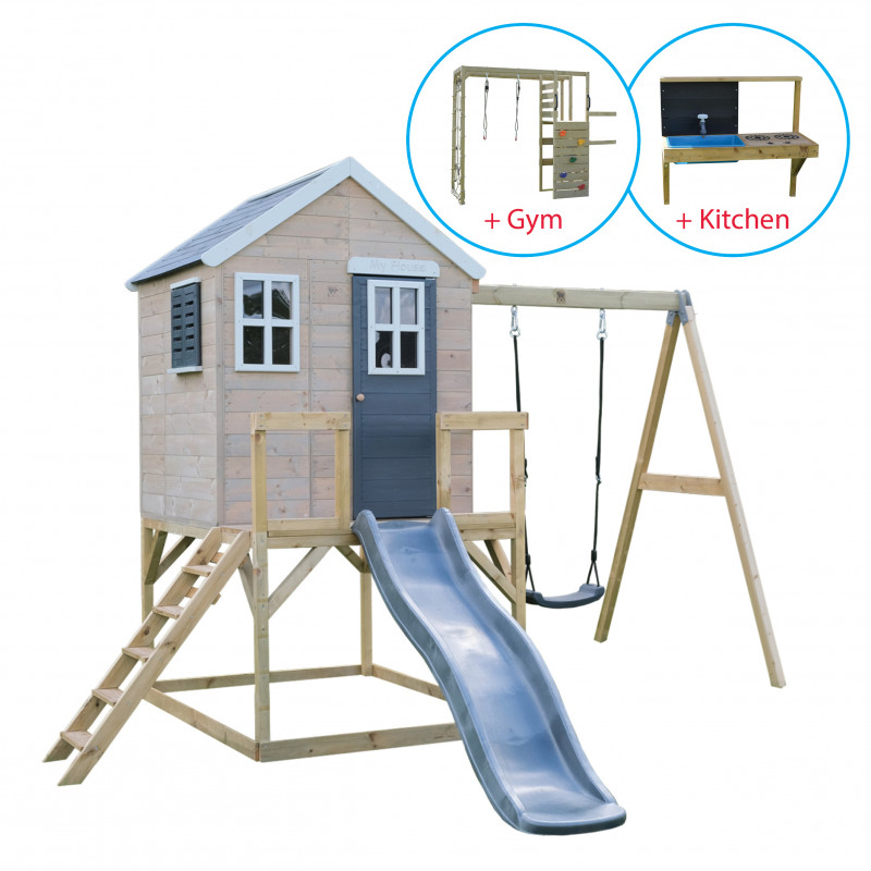Casuta de gradina Grey Lodge cu tobogan, leagan, modul sport si bucatarie, Wendi Toys