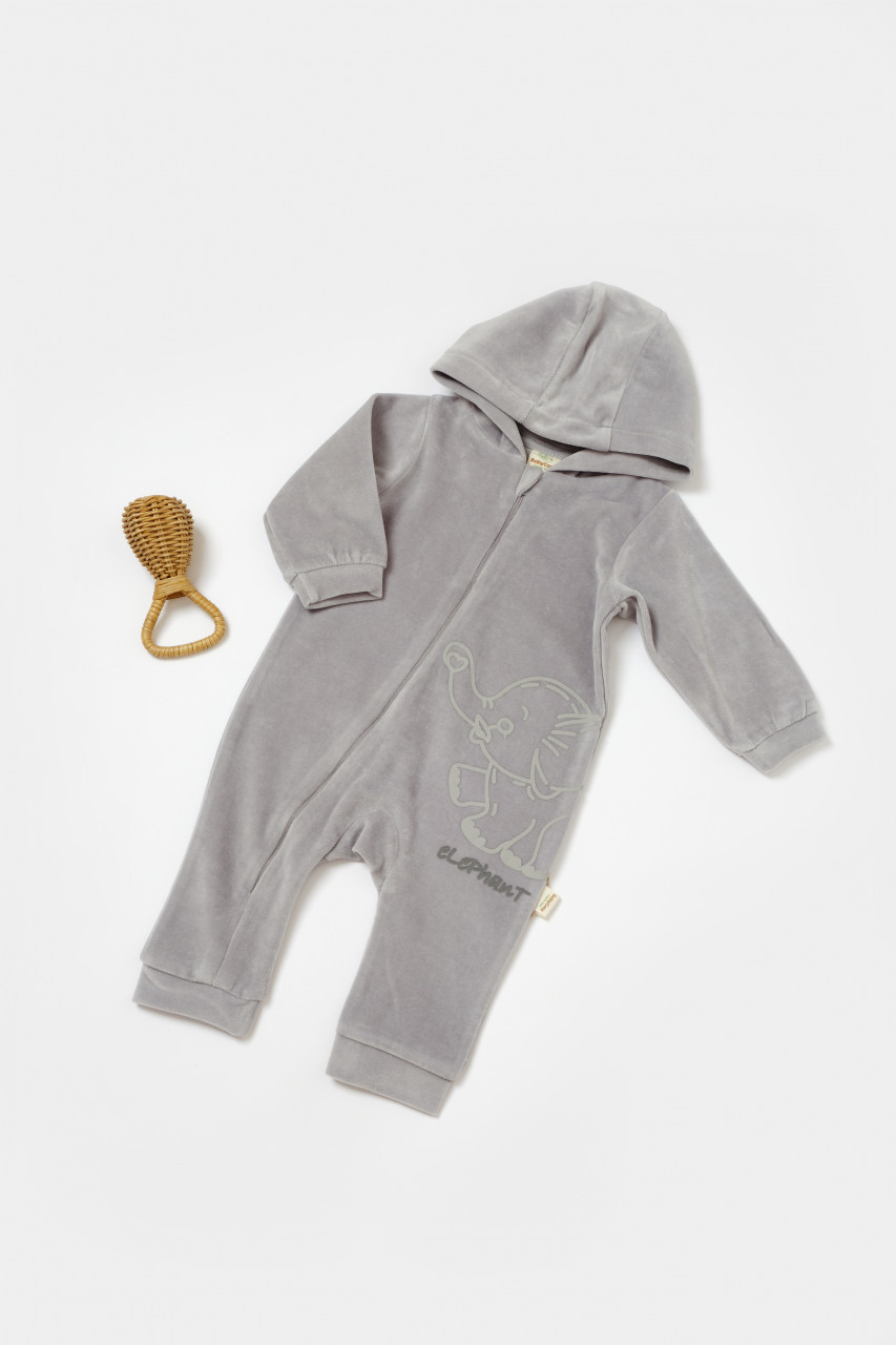 Salopeta Elefant cu maneca lunga si gluga din 80%bumbac organic si 20% poliester - Gri, BabyCosy (Marime: 6-9 luni)