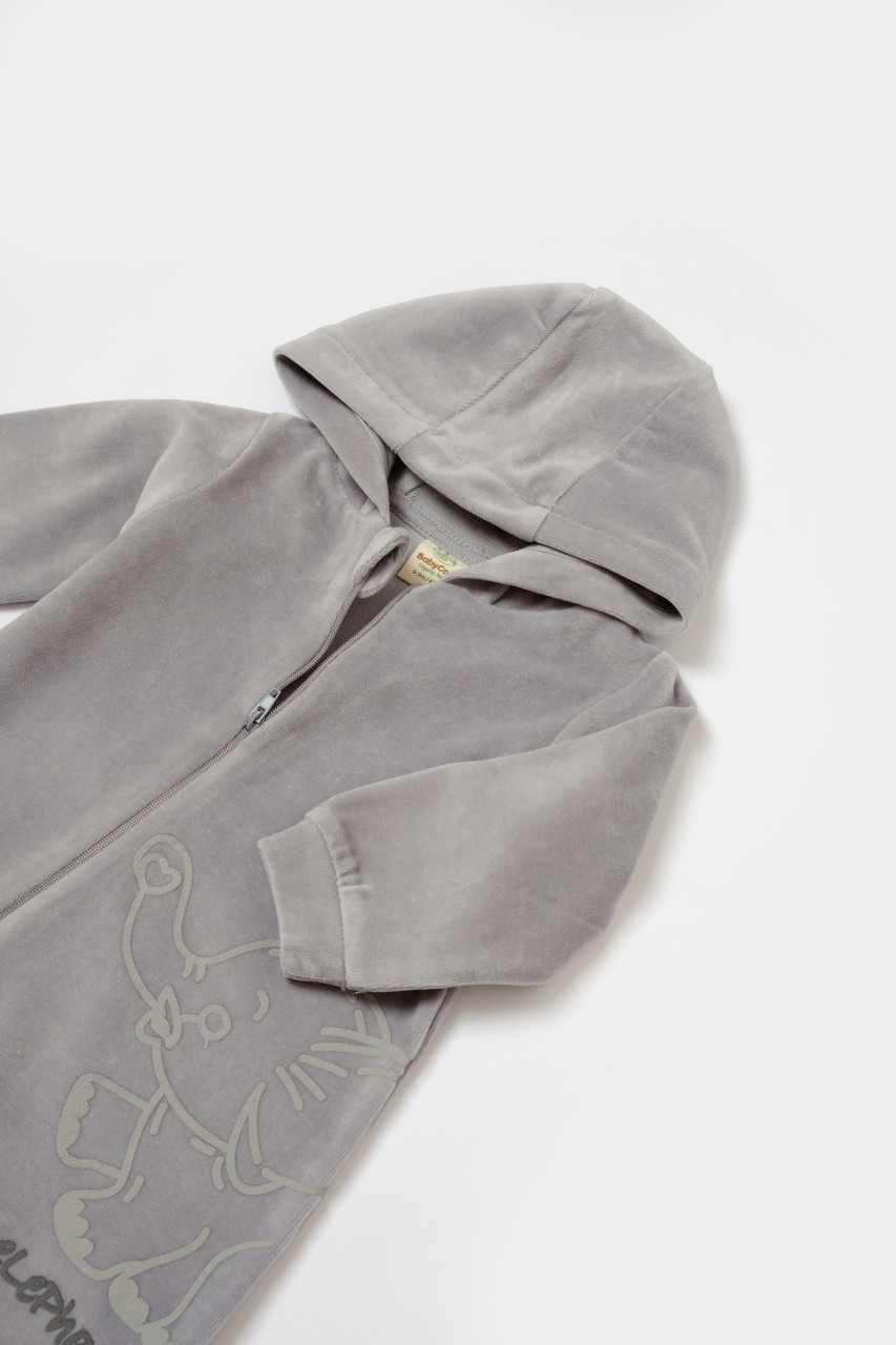 Salopeta Elefant cu maneca lunga si gluga din 80%bumbac organic si 20% poliester - Gri, BabyCosy (Marime: 6-9 luni) - imagine 32