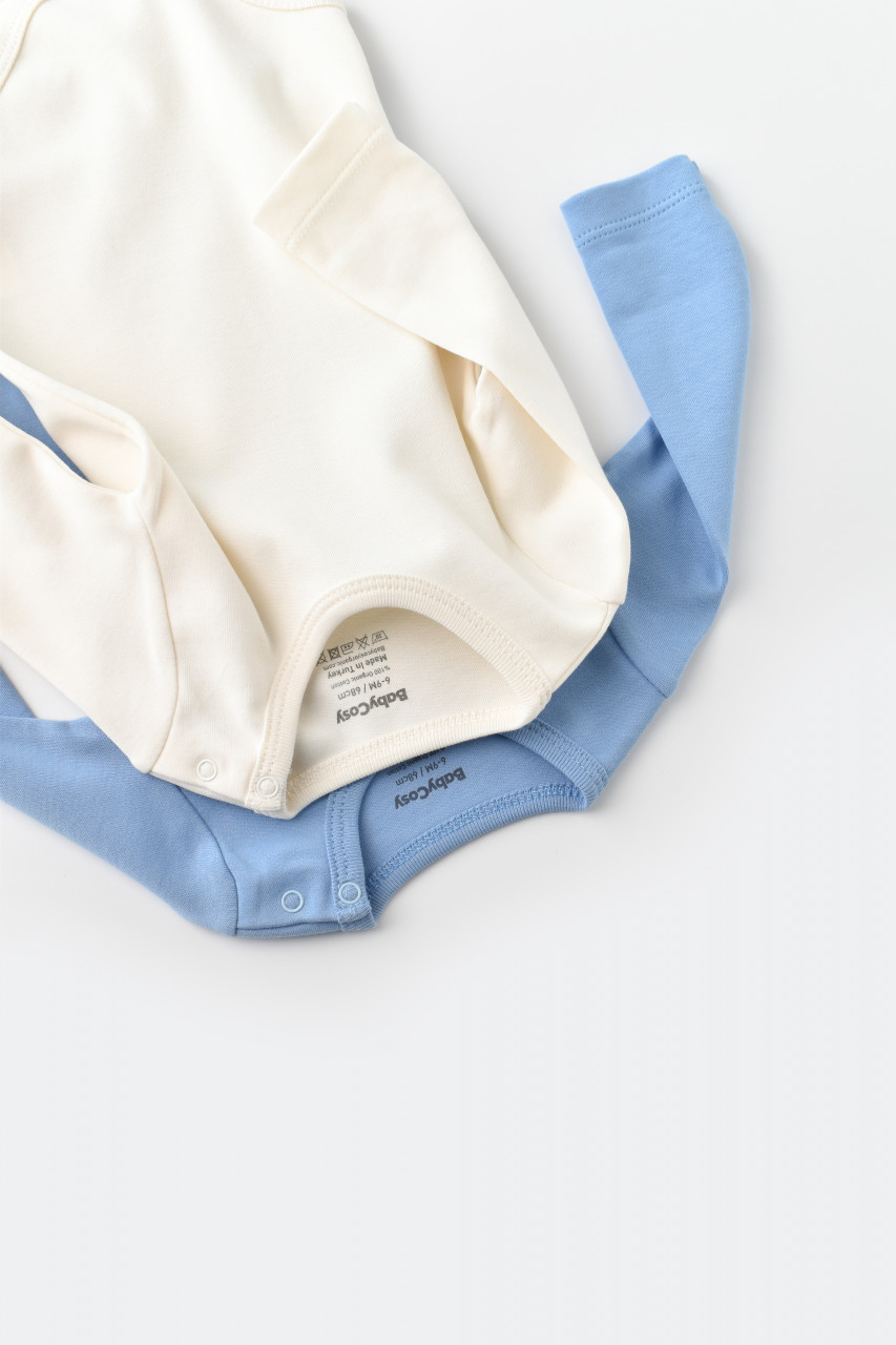 Set 2 body-uri cu maneca lunga bebe unisex -100% bumbac organic - Ecru/Bleu, Baby Cosy - imagine 73