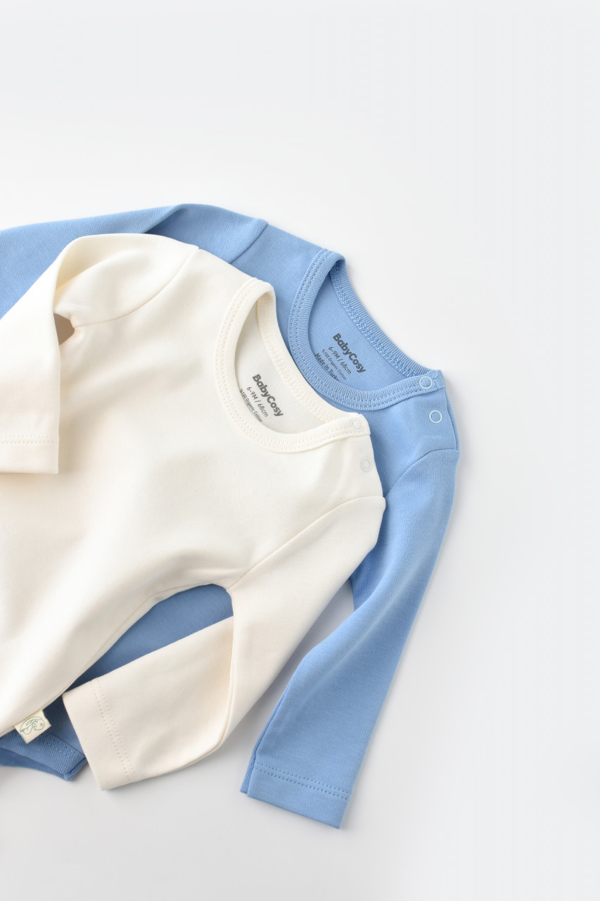 Set 2 body-uri cu maneca lunga bebe unisex -100% bumbac organic - Ecru/Bleu, Baby Cosy - imagine 74