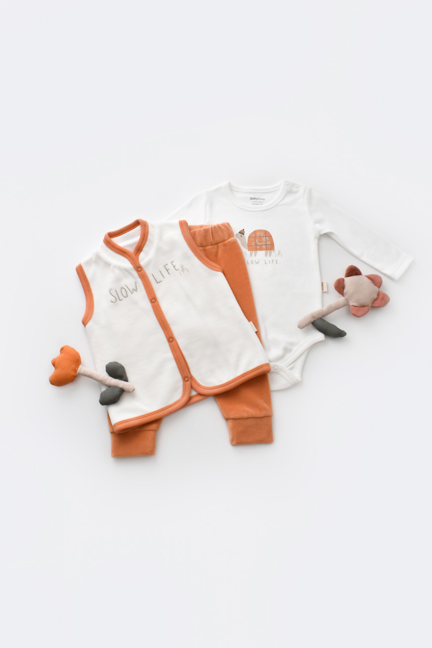 Set 3 piese Broscuta cu body, pantalonasi si vestuta din 80%bumbac organic si 20% poliester - Portocaliu, Baby Cosy - imagine 114