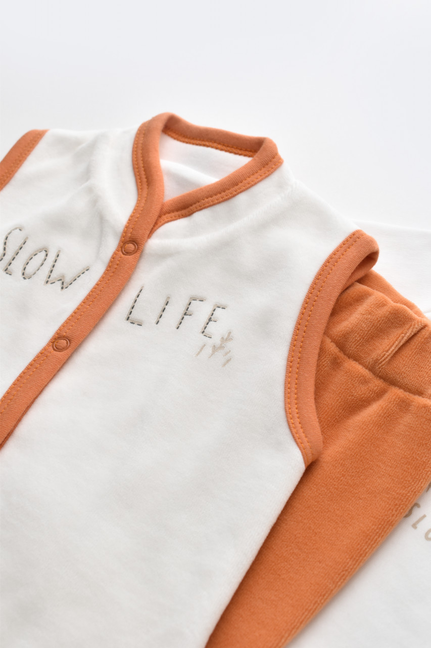 Set 3 piese Broscuta cu body, pantalonasi si vestuta din 80%bumbac organic si 20% poliester - Portocaliu, Baby Cosy - imagine 115